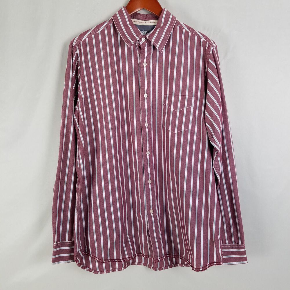 Red Camel Mens Shirt Large Red Striped Long Sleeve Pocket Button Down